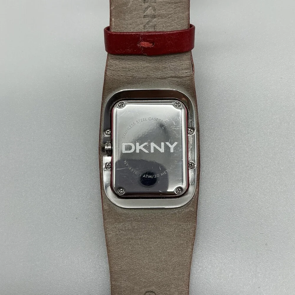 DKNY Womens Watch 33mm Silver Tone White Dial Red Leather Dress Cuff New Battery